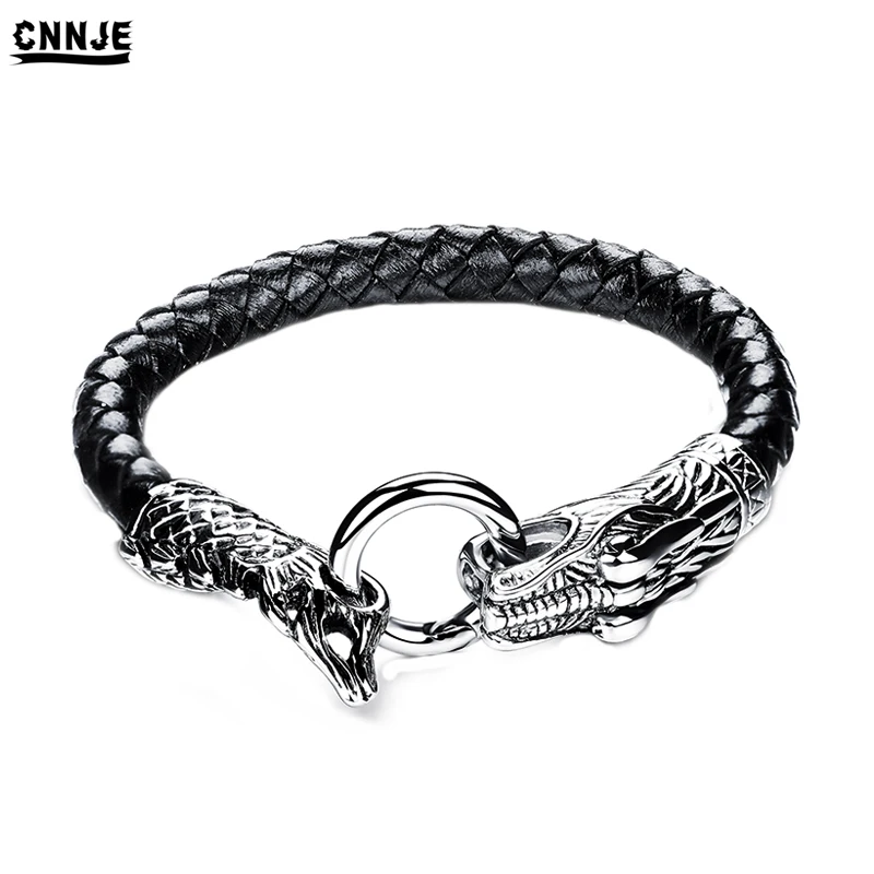 

Men's Punk Rock 316L Stainless Steel Dragon Head Buckle Braided Leather Bracelet Jewelry, Black