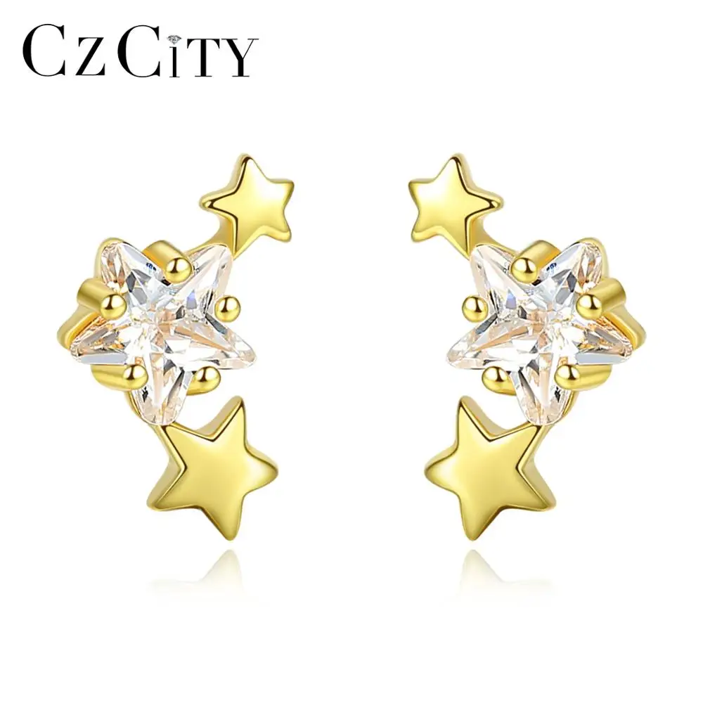 CZCITY 925 Sterling Silver Stud Earrings for Women Twinkling Stars Zirconia Earring Bijoux