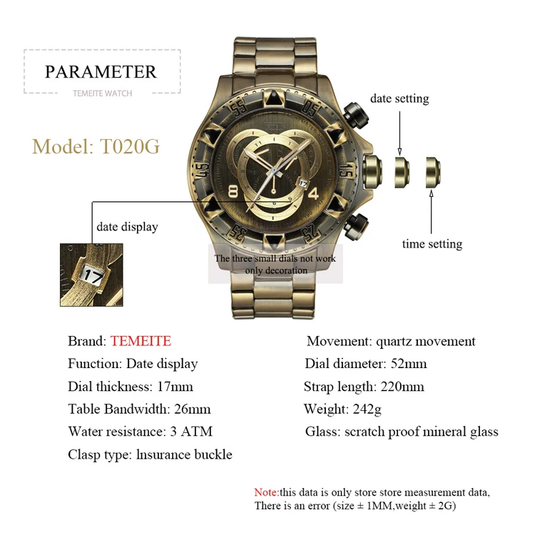 Temeite 020G Masculino Wrist Watches Men 2019 Top Brand Luxury Bronze  Men Watches Gold Big Male Wristwatch Man 2019