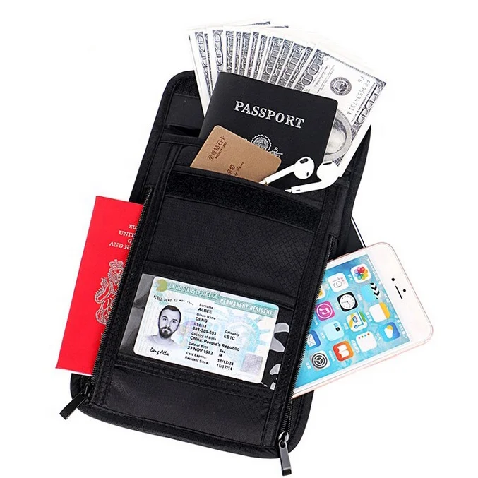 

New trending polyester Security RFID Blocking Neck Passport Holder Hidden Anti Theft RFID Blocking Pouch Travel Pouch, Many color as you required
