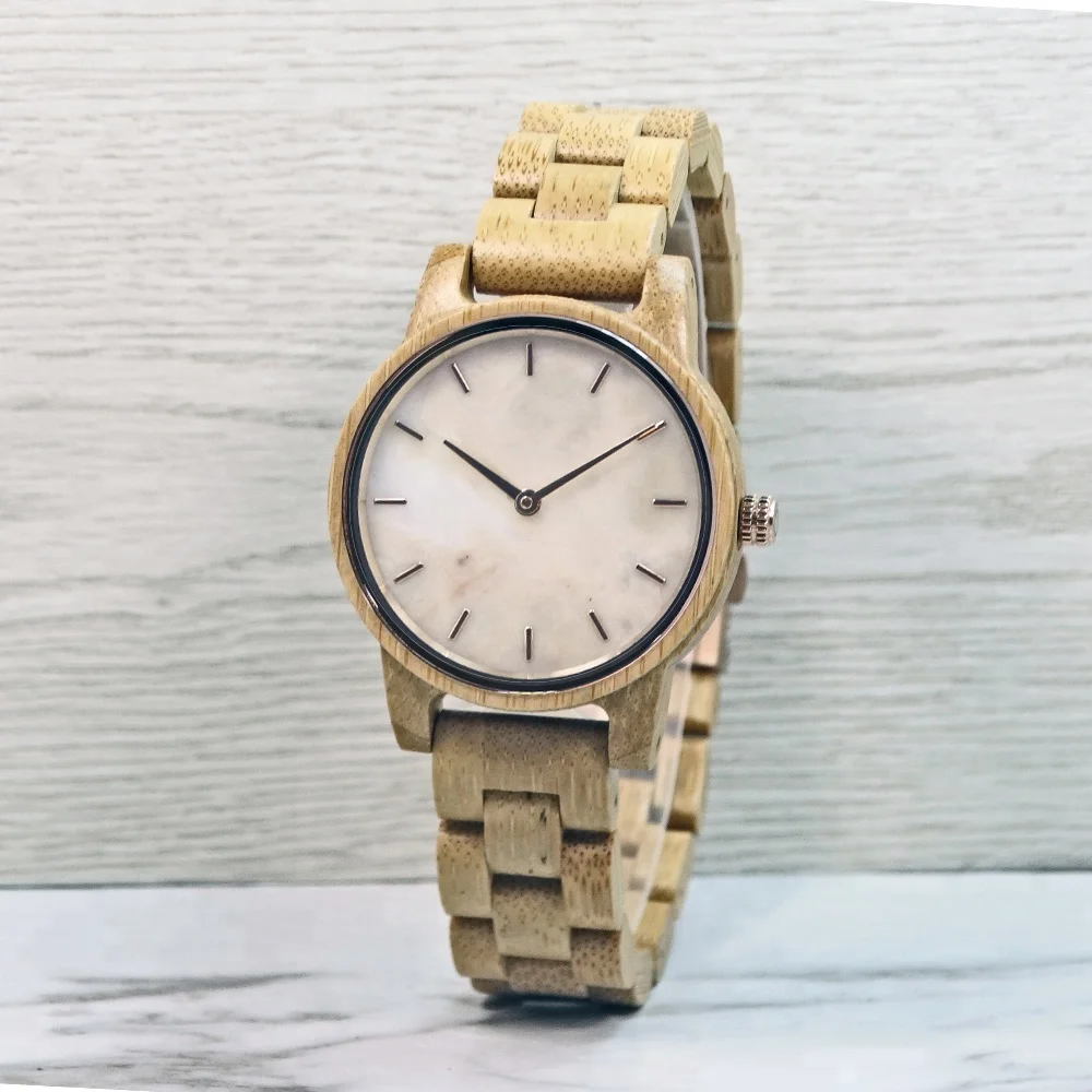 

Fancy style pink marble watch face quartz bamboo wood watches