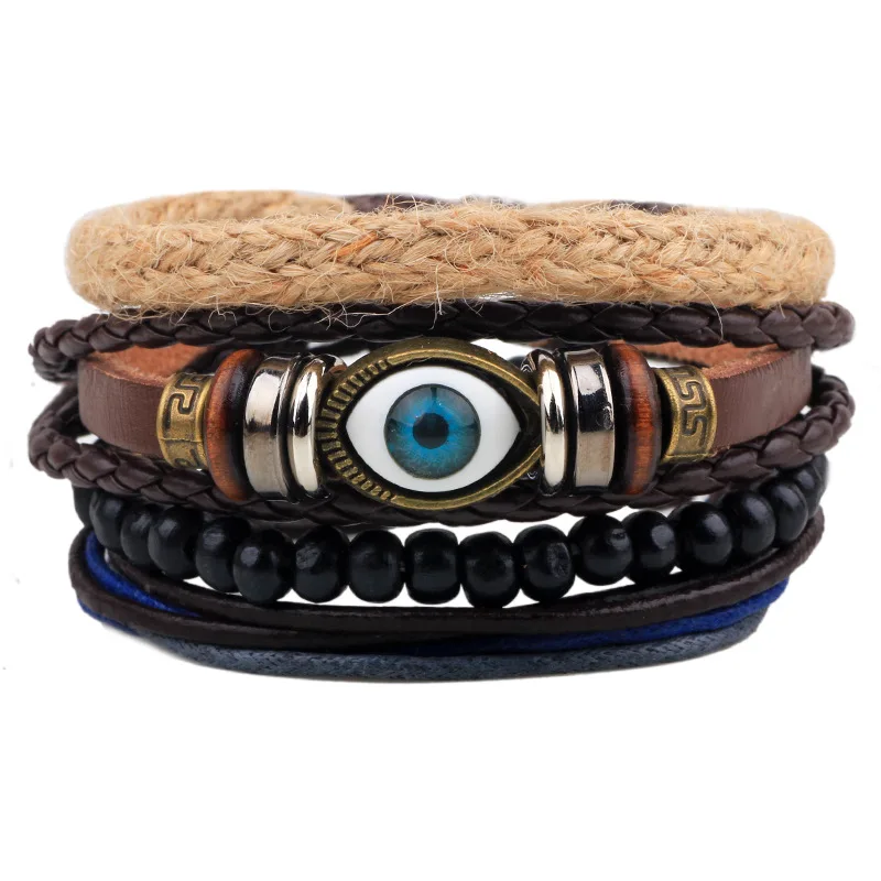 

Evil eye design leather bracelet ,Hamsa style 4 pieces bracelet set ,leather bangle set