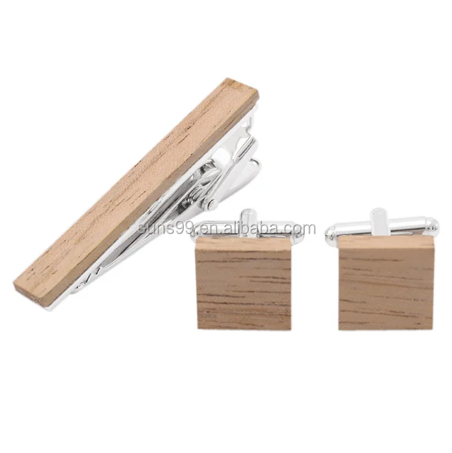 

High Quality Wholesale Stainless Steel Wood Cufflinks And Tie Clip Set, Silver;gold;rose gold;black color