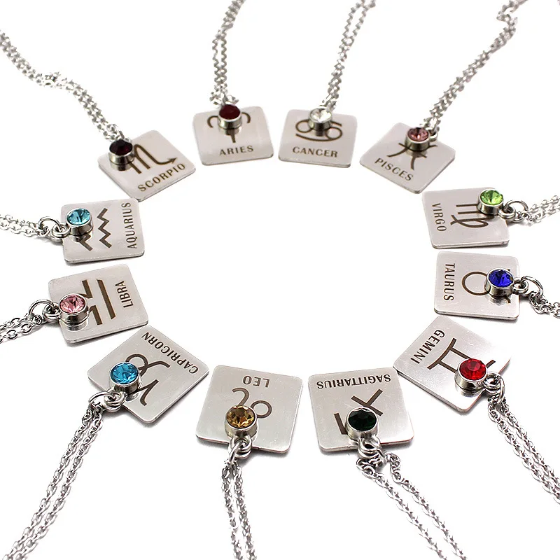 

Zodiac Necklace Horoscope Astrology 12 signs stainless steel silver square charm Necklaces with Birthday stone