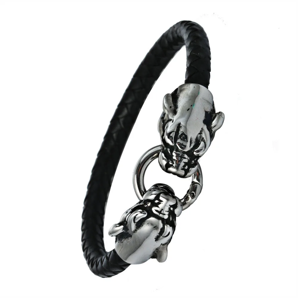 

Punk Style Double Leopard Head Leather Bracelets For Men Wholesale Jewelry Los Angeles California Stainless Steel Bracelet, Multi