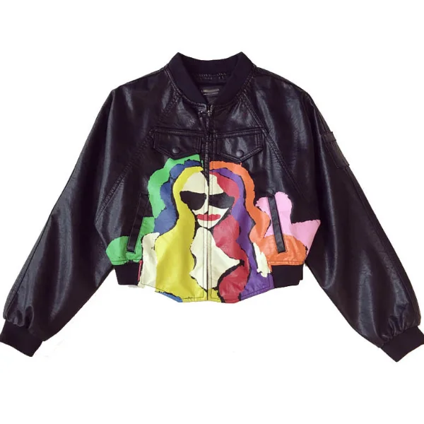 

SP2952A Portrait Graffiti Print Batwing Sleeves Women PU Jackets