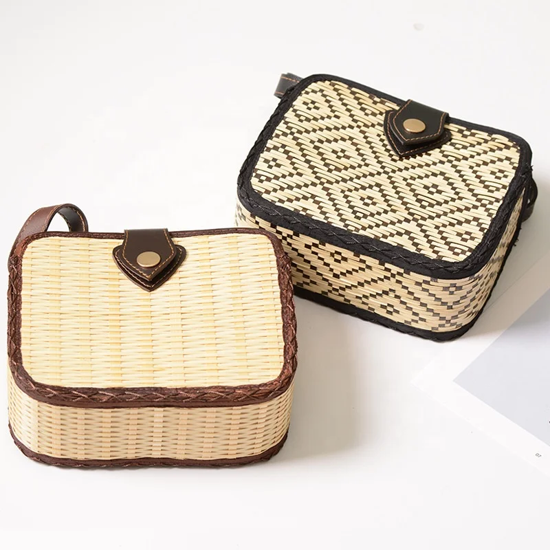 

Hot Sale Hand Woven Bamboo Square Bag with Faux Leather Strap