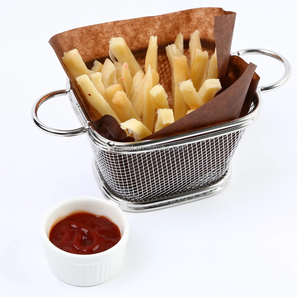 

Kitchen stainless steel mini french fry serving basket fast food tray with two handles F0058