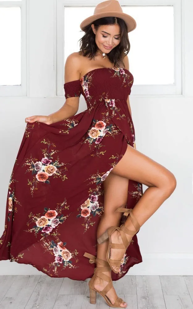 2019 new Boho style long dress women Off shoulder beach summer dresses Floral print Vintage chiffon white maxi dress vestidos