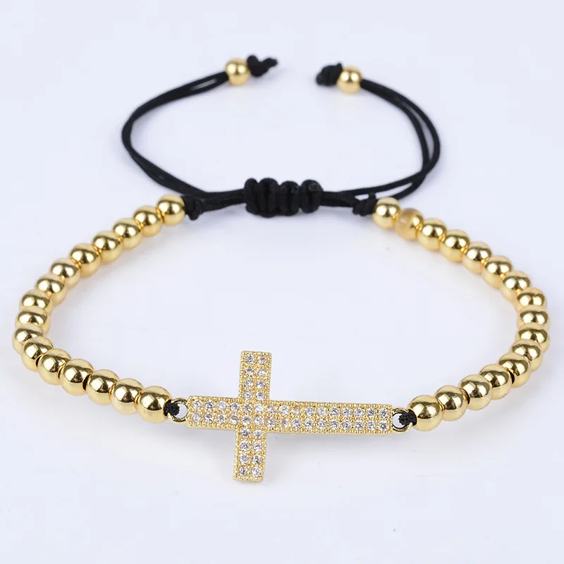 

4mm Copper Round Bead Adjustable Stretch String Zirconia Charm Christian Cross Bracelet