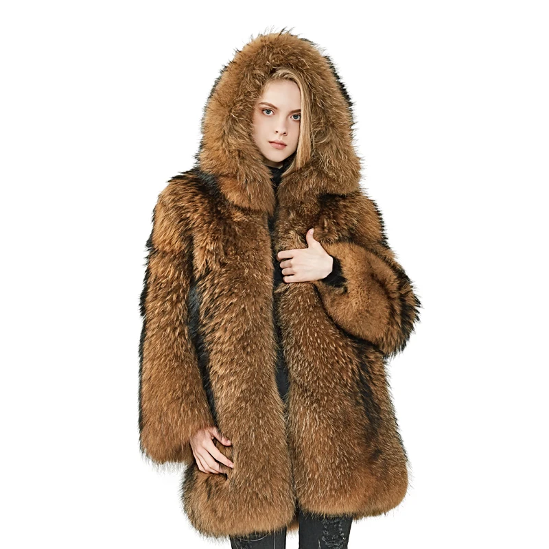 

Factory Wholesale Luxury Raccoon Fur Custom Winter Warm Fur Jacket Long Hooded Fur Coat For Women