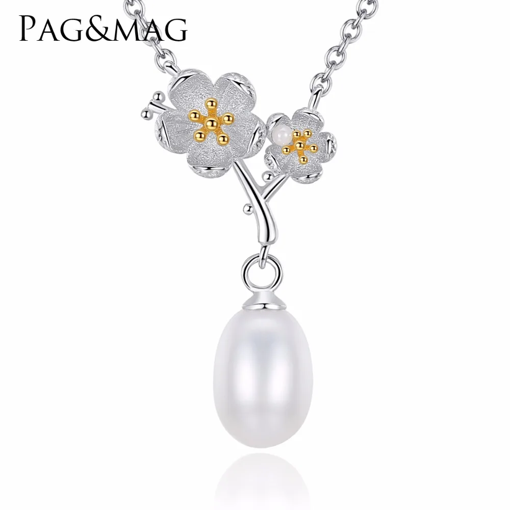 

PAG&MAG Charm Lovely S925 Silver Yellow Flower Shape Paved 7-8mm Natural Pearl Pendant Necklace For Women Wedding Jewelry