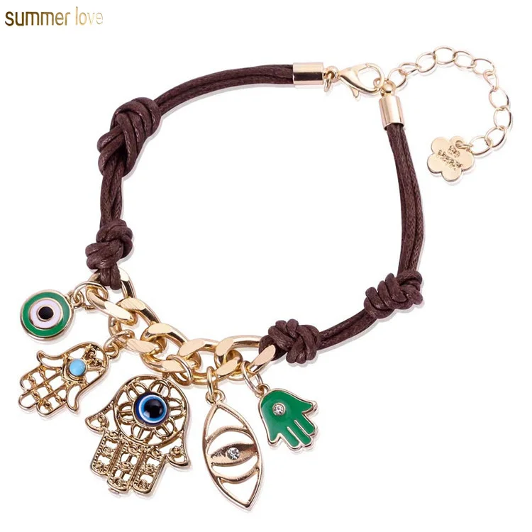 

Fashion Wholesale Women Men Exquisite Hamsa Hand Blue Eye Charm Rope Chain Lucky Evil Leather String Bracelet Jewelry, As picture