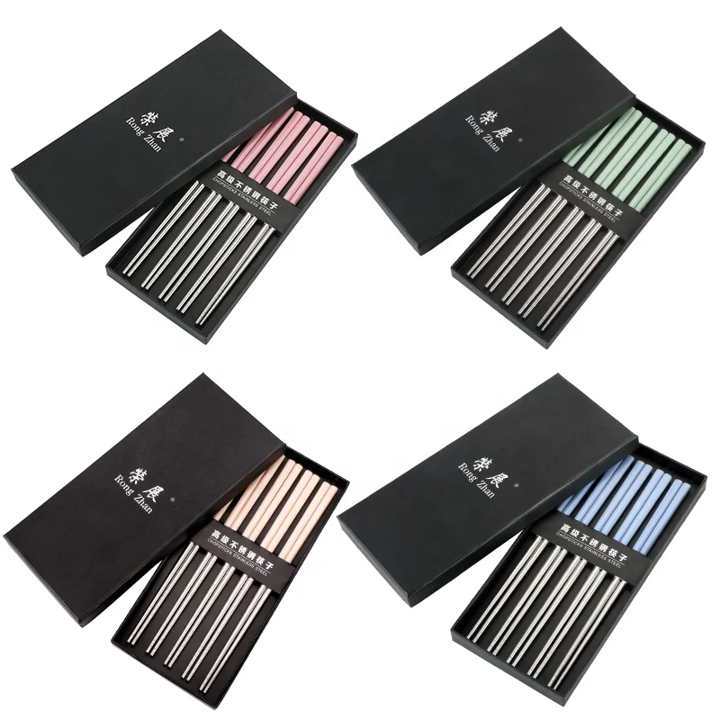 

Stainless steel chinese chopsticks set with plastic handle, Blue/green/pink/cream-colored