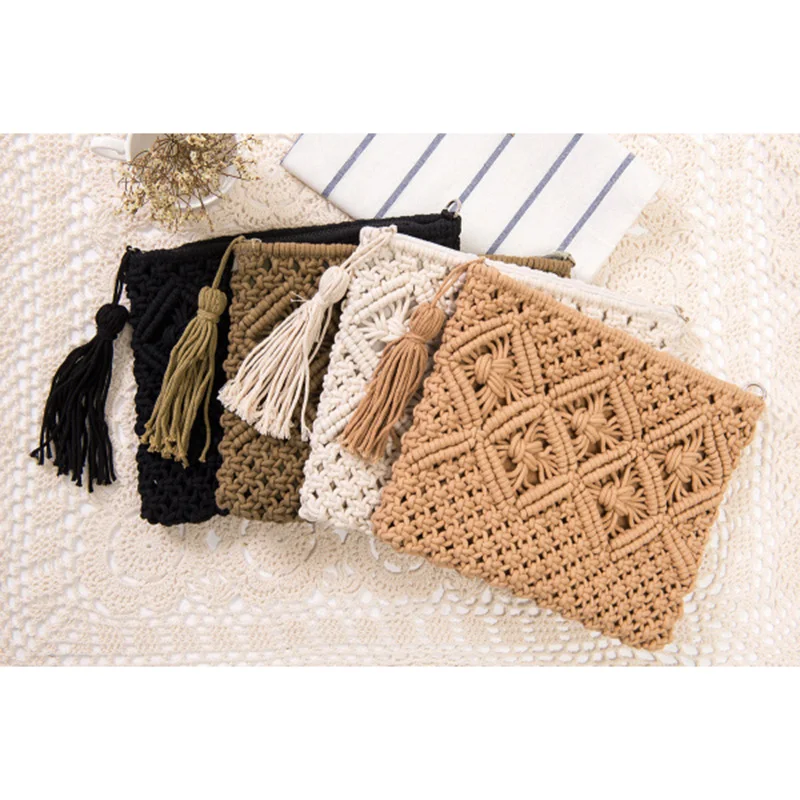 

Women Bohemian Summer Zipper Bag Fringed Crochet Cotton Beach Bag
