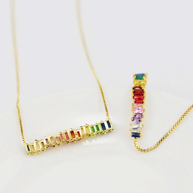 Fashion 18k gold plated cz baguette pendant necklace popular rainbow tennis necklace for women