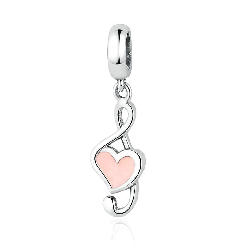 

BAMOER 100% 925 Sterling Silver Pink Heart Pendant Music Note Charms fit Bracelets Women Fashion DIY Jewelry