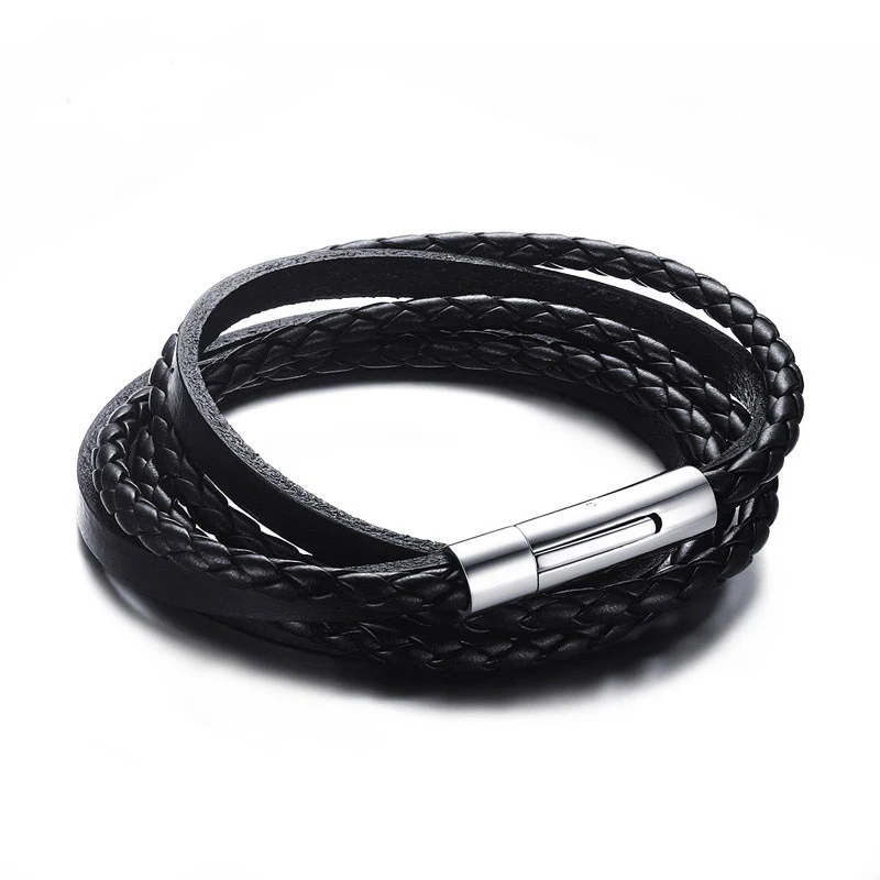 

Custom Stainless Steel New Design Gold Fashion Wrap Custom Leather Bracelet For Men And Boy, Black