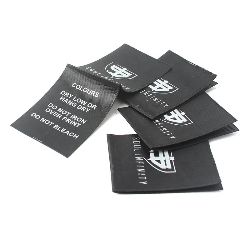 

Factory Direct Supply Custom Printed Logo Clothing Satin Care Labels Tags with Wash Instruction, Follow pantone color chart