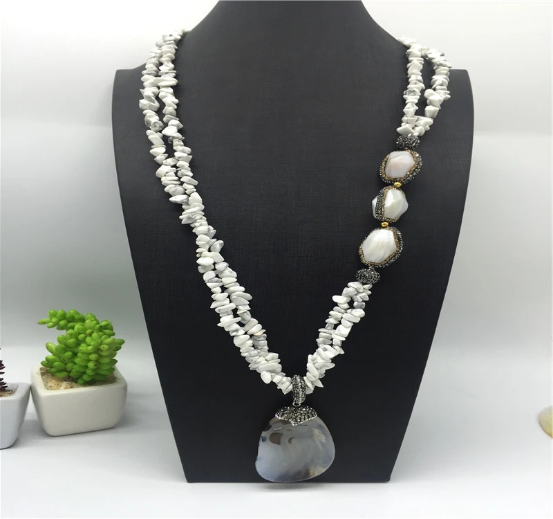 

Wholesale handmade 2019 fashion natural stone long pendant necklace, White,gray