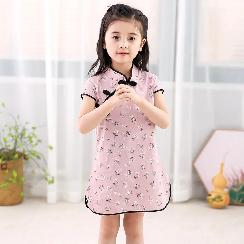 
baby cheongsam summer children baby ethnic style flower girls clothing dress plate button Chinese dress qipao 