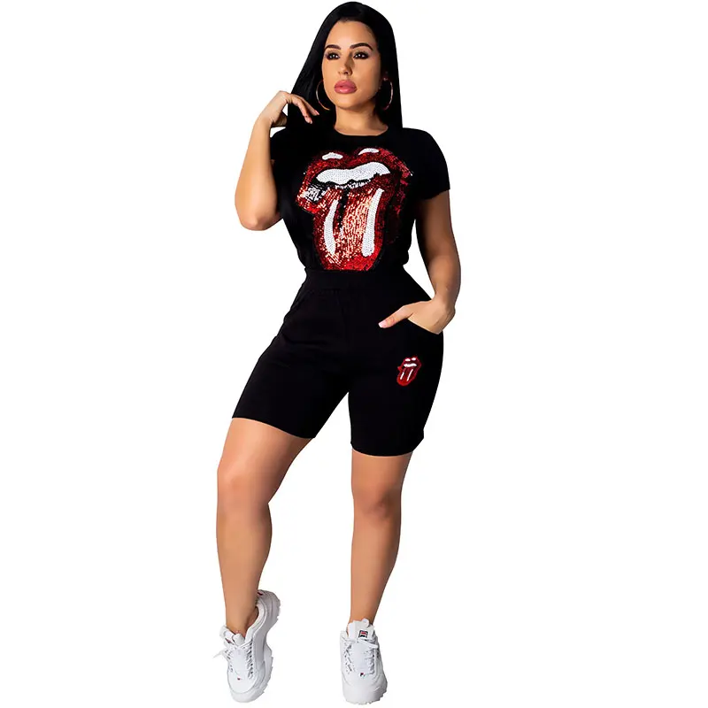 

Hight Quality Solid Casual Embroidered Sequin Short Sleeve Top & Shorts