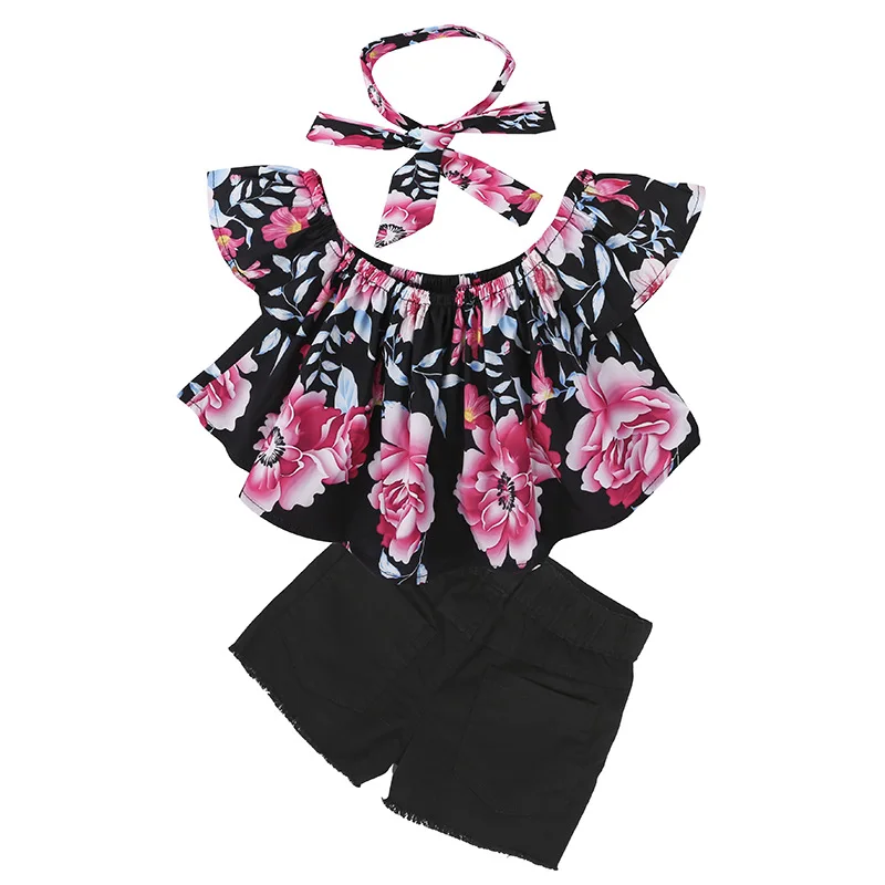 

Summer Wholesale Children Clothes 2pcs Fancy Little Girl Off Shoulder Clothing Fashion Outfit, As shows