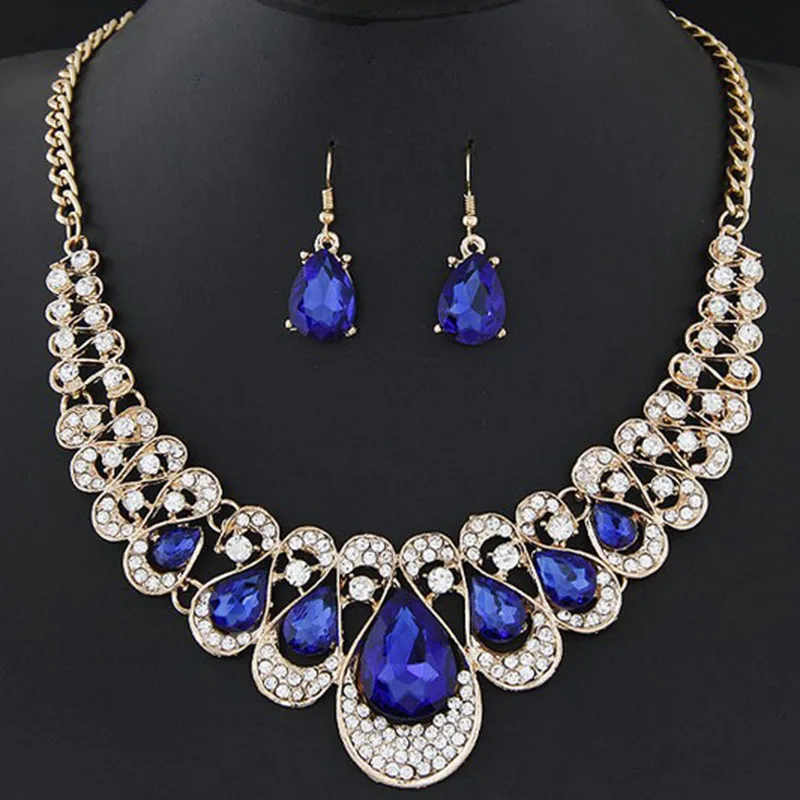

European and American style crystal necklace and earring jewelry set wholesale, 6 various colors availabl