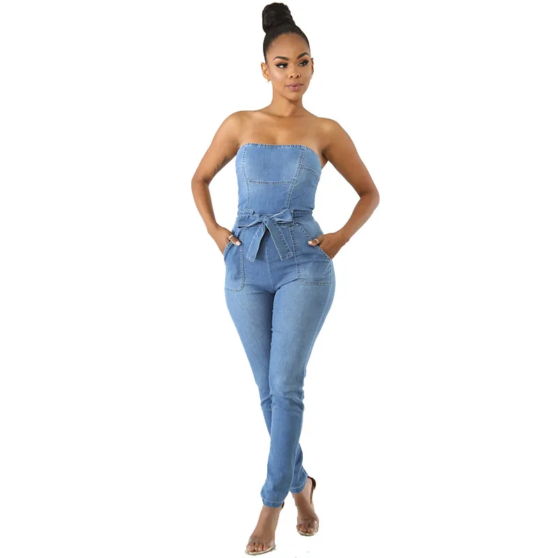 

Women Strapless Denim Jumpsuit, N/a