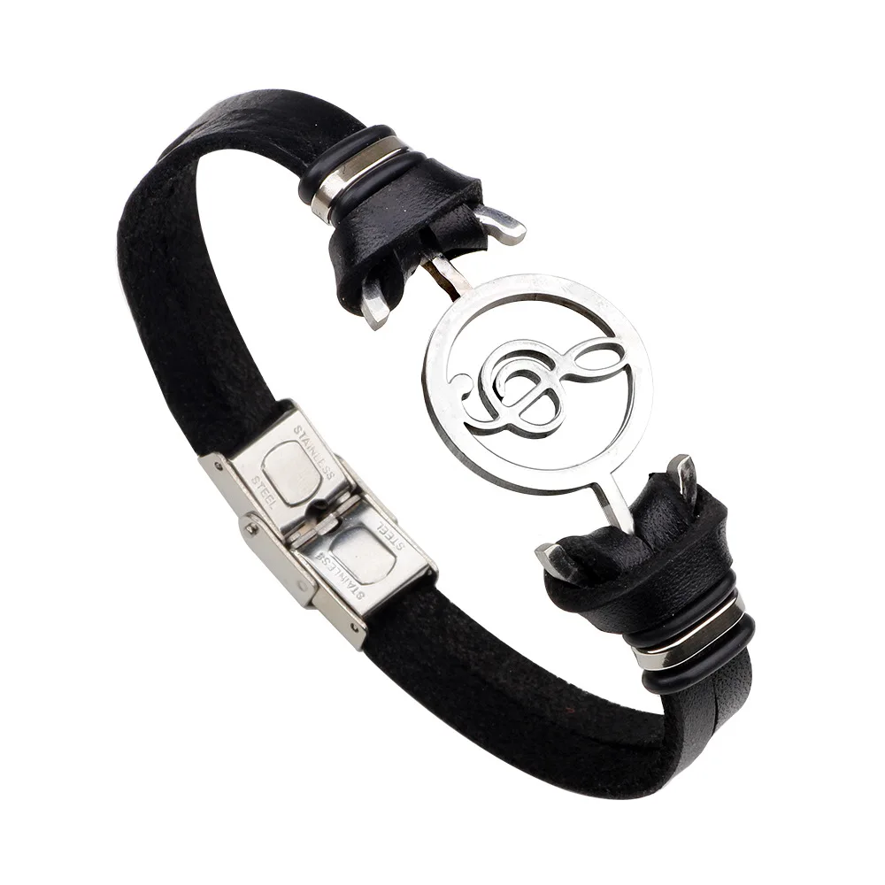 

Trendy Musical Note Charm Bracelet 2019 New Stainless Steel Jewelry Men's Leather Cuff Bracelet