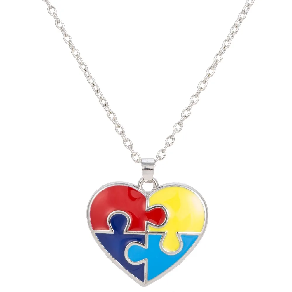 

enamel heart shaped autism awareness puzzle piece autistic pendant necklace, Colorful