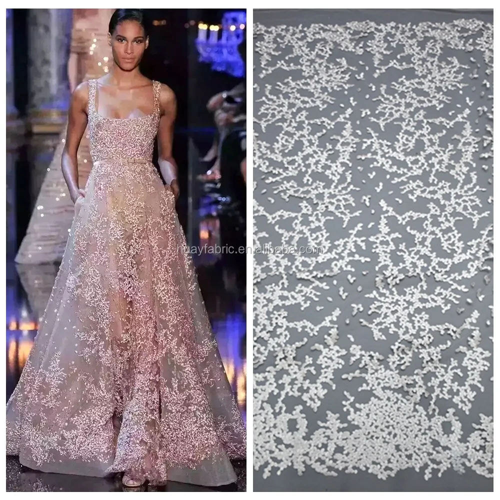

2016 White bridal lace material fashion show high quality design french lace fabric HY0375