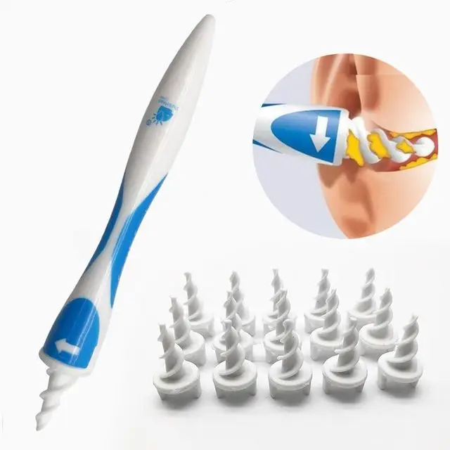 

silicone spiral tips ear wax remover cleaner earwax removal tools with 16 replacement tips, White and blue