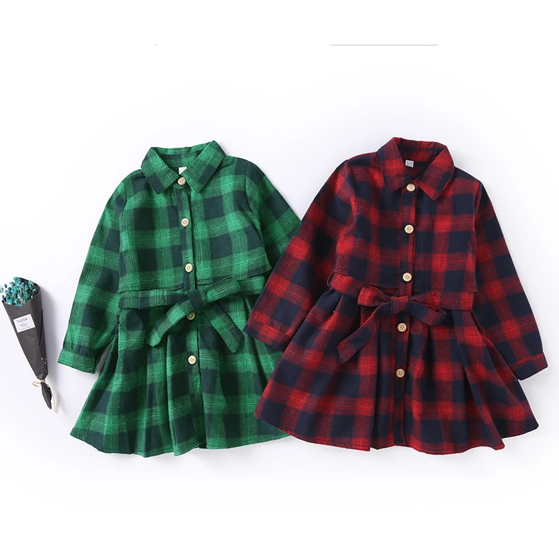 

2019 bulk wholesale 7-16 years red long sleeve plaid shirt dresses for girls princess, Green;red