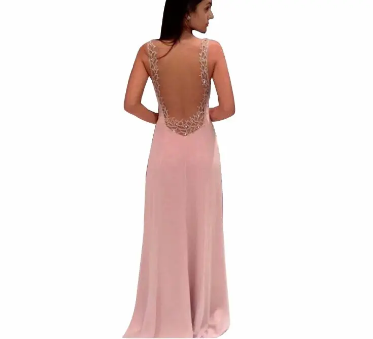 New Vestidos De Fiesta Nude Back Long Chiffon Maxi Formal Evening Dress For Women