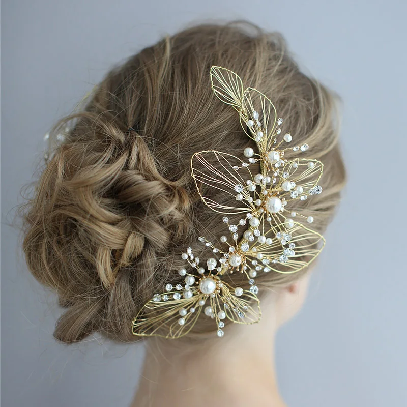 高品质的头发珠宝珍珠水钻黄金发夹设置头饰婚礼新娘配件发夹