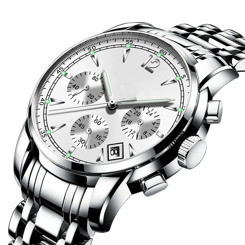 

Chronograph Silver dial mens business wristwatches high quality stainless steel watches customer logo your own brand watch, Picture
