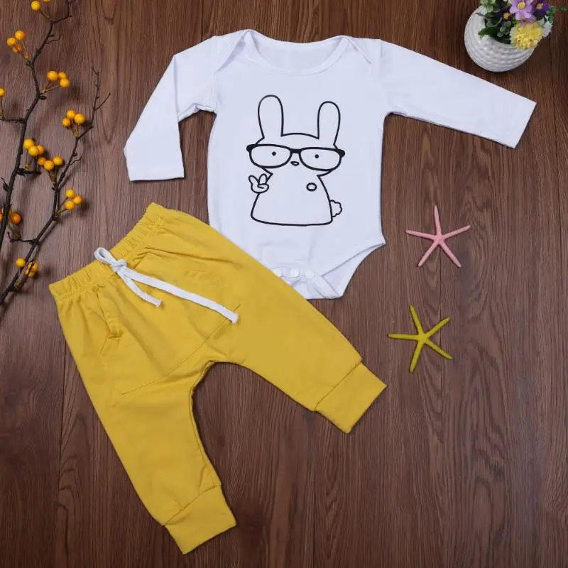 

Kids Autumn Clothing Set Baby Boys Girls Long Sleeve Cartoon Rabbit Print Jumpsuit + Pants Outfits Infant 2pcs Clothes Set