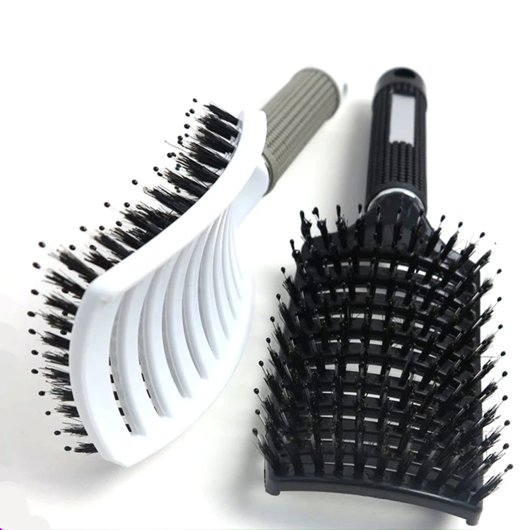 

Anti-static Heat Curved Vent Comb Barber Salon Hair Styling Tool Boar Bristle Hair Brush For Detangling All Hair Types, Black, white