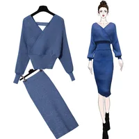 

Western style sexy women v neck backless top big hip women skirt sweater set