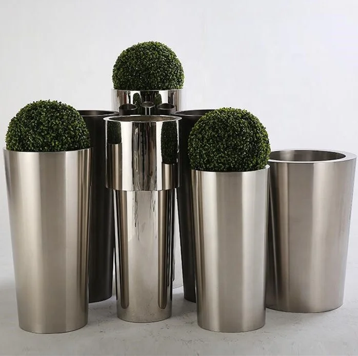 Brushed Stainless Steel Flower Pot Metal Round Planter Boxes Flowerpot