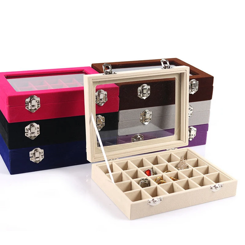 

New Fashion 24 Grids Velvet Jewelry Box Rings Earrings Necklaces Makeup Holder Case Organizer Women Storage Box