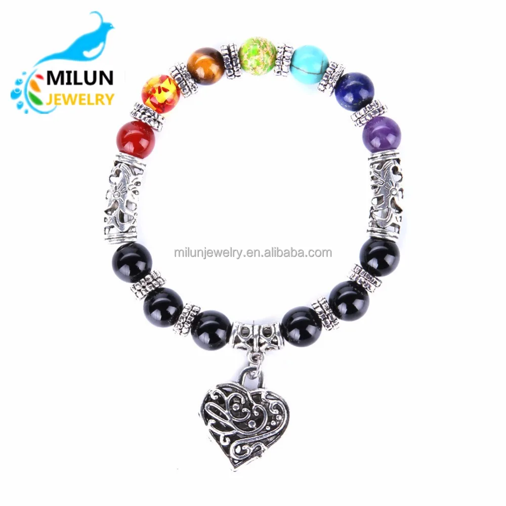 

Custom Natural stone yoga 7 chakra beads heart charms bracelet, As picture shows