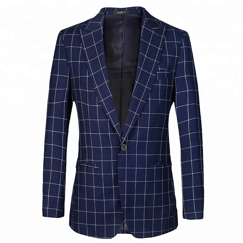 

New Design Peaked Lapel One Button Men Blazer Casual Dark Blue Checked Leisure Blazers For Men