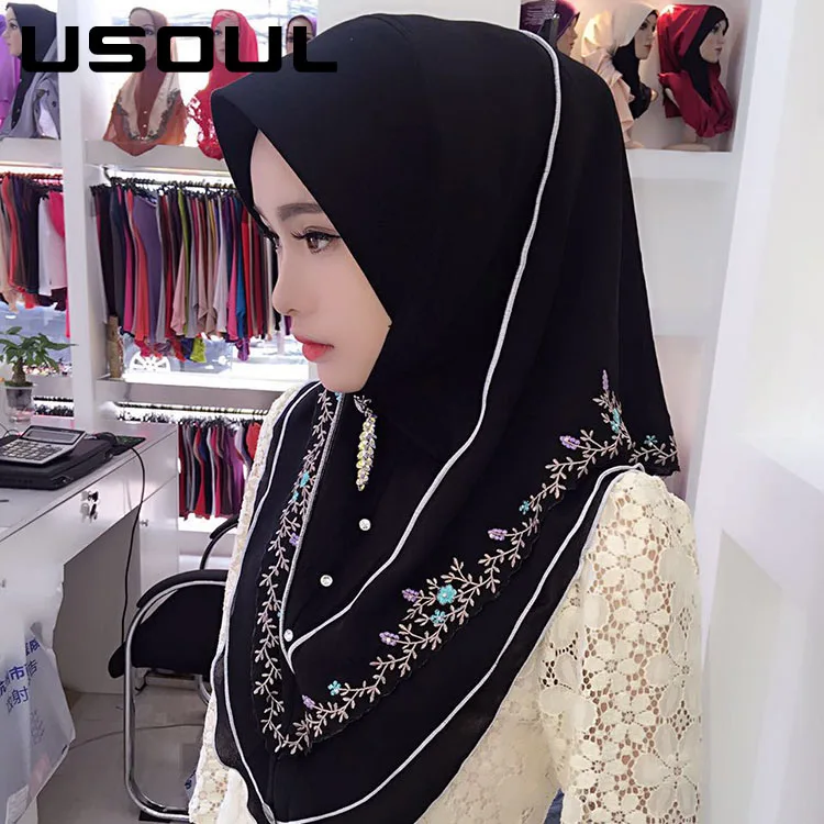 Fashion Summer Ladies Long Embroidery Malaysia Chiffon Muslim Hooded Scarf