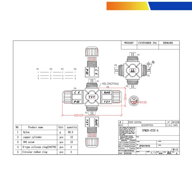 Yxy Waterproof Connector Circular Quick Coupler 4way 3pin Ip68 Cable