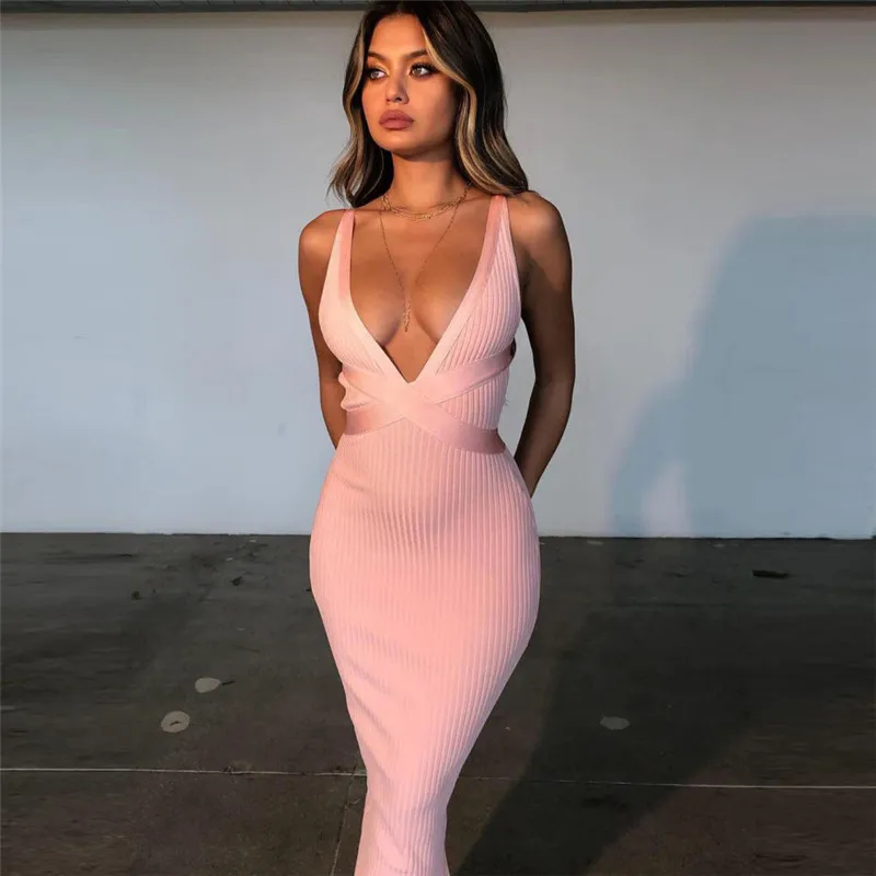

YQ463 Sexy Woman Sleeveless Deep Plunge bodycon casual Bandage Maxi Dress With Slit, As shown