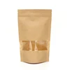 Factory wholesale food packaging doypack stand up pouch plain brown kraft paper bag with clear window and zip lock for tea snack