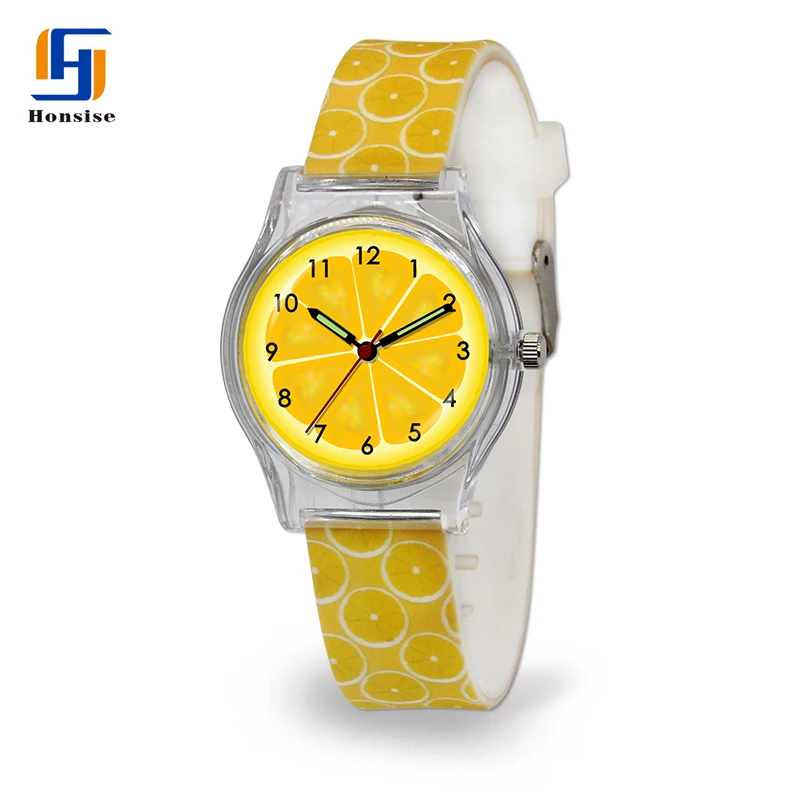 

New Design Sport Custom Logo Yellow Lemon Printing Silicone Strap Transparent Plastic Wrist Watch For Kids