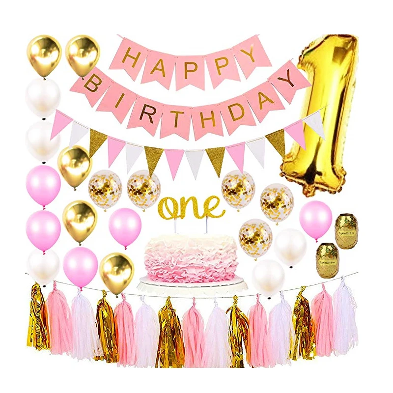 
1 year birthday party decoration baby girl set including banner aluminum foil latex balloon paper flower cake decoration tassel 
